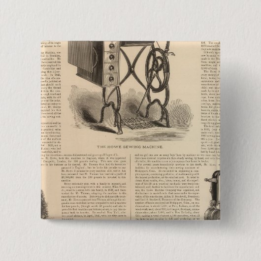 Howe naaimachine met schets van de uitvinder vierkante button 5,1 cm (Voorkant)