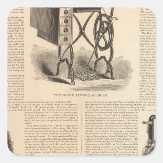 Howe naaimachine met schets van de uitvinder vierkante sticker (Voorkant)