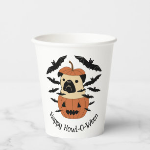 Howl-O-Ween Pug in een Jack-O-Lantern met vleermui Papieren Bekers