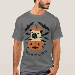 Howl-O-Ween Pug in een Jack-O-Lantern met vleermui T-shirt