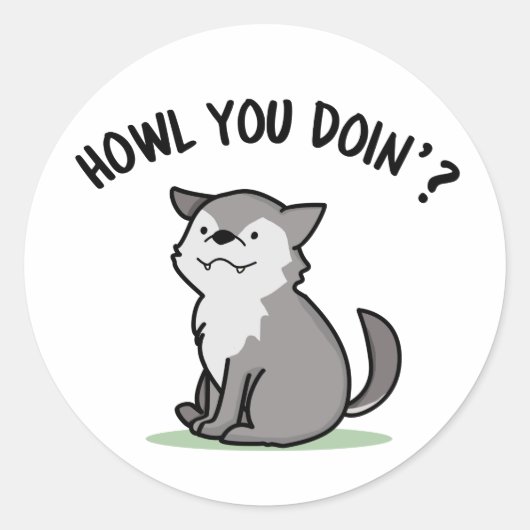 Howl you Doin Funny Baby Wolf Pun Ronde Sticker (Voorkant)