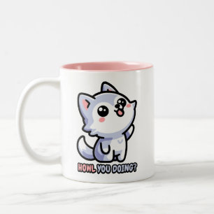 Howl you doing! Schattige Howling Wolf Pun Tweekleurige Koffiemok