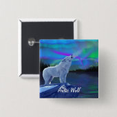 Howling Arctic Wolf & Aurora Wildlife Art Badge Vierkante Button 5,1 Cm (Voorkant /achterkant)