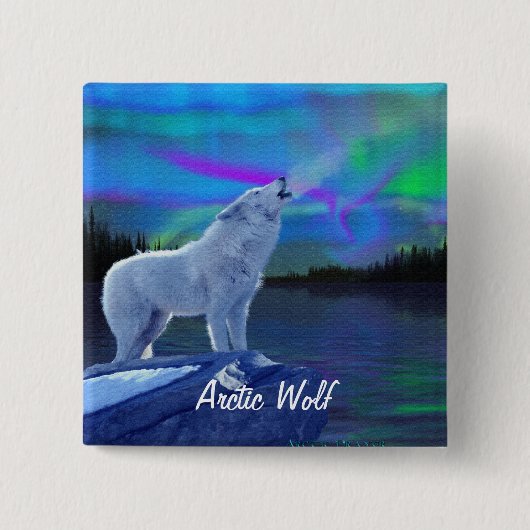 Howling Arctic Wolf & Aurora Wildlife Art Badge Vierkante Button 5,1 Cm (Voorkant)