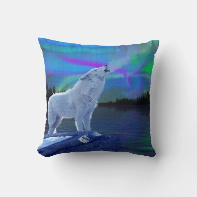 Howling Arctic Wolf & Aurora Wildlife Sierkussen (Voorkant)