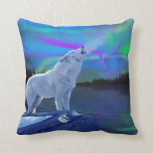 Howling Arctic Wolf & Aurora Wildlife Sierkussen
