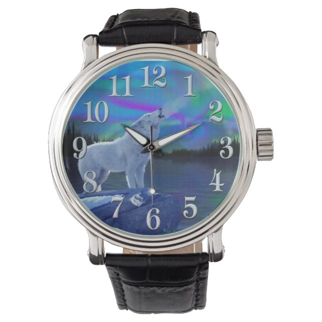 Howling Arctic Wolf & Moon Wildlife Art Horloge (Voorkant)