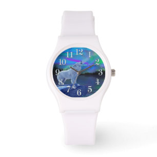 Howling Arctic Wolf & Moon Wildlife Art Horloge