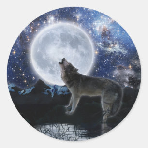 Howling Gray Wolf & Moon Ronde Sticker