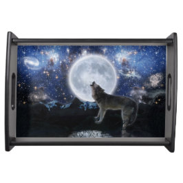 Howling Gray Wolf & Moon Wildlife Fantasy Art Dienblad