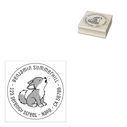 Howling Gray Wolf Pup Round Address Rubberstempel (Gestempeld)