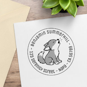 Howling Gray Wolf Pup Round Address Rubberstempel