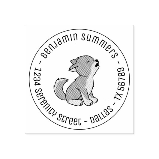 Howling Gray Wolf Pup Round Address Rubberstempel (Afrduk)