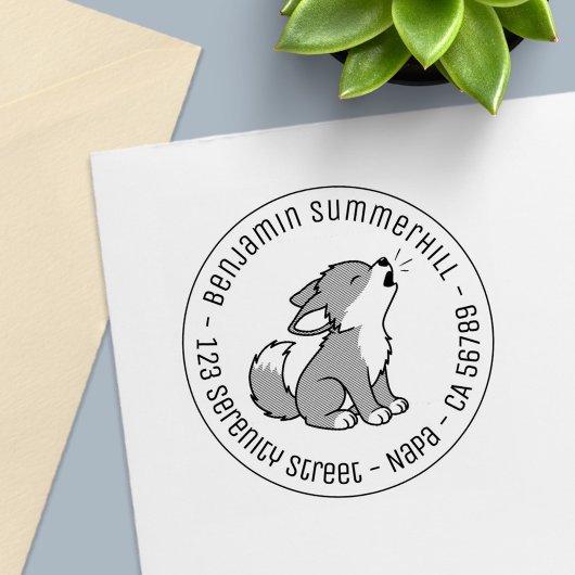 Howling Gray Wolf Pup Round Address Zelfinktende Stempel