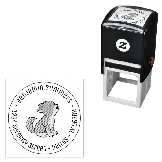 Howling Gray Wolf Pup Round Address Zelfinktende Stempel (In situ)