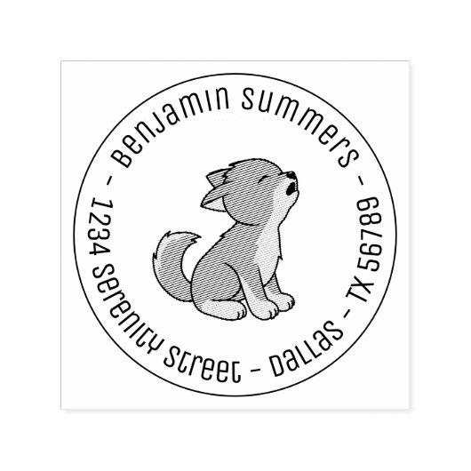 Howling Gray Wolf Pup Round Address Zelfinktende Stempel (Design)