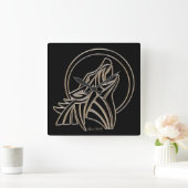 Howling Lone Wolf Elegant Black Silver Grey Vierkante Klok (Huis)