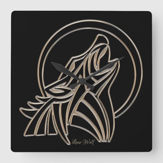 Howling Lone Wolf Elegant Black Silver Grey Vierkante Klok (Voorkant)