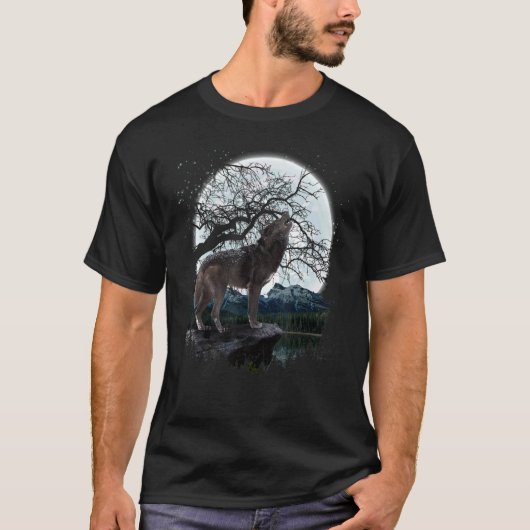 Howling Predator Animal Forest Full Moon Wolf T-shirt (Voorkant)