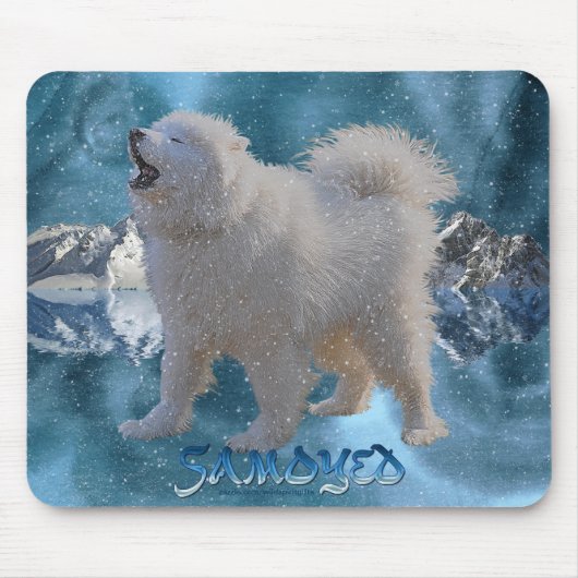 Howling Samoyed Dog in vallende sneeuw Pet Mousema Muismat (Voorkant)