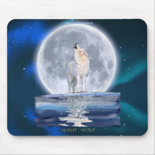 Howling White Wolf & Moon Wildlife Fantasy Muismat