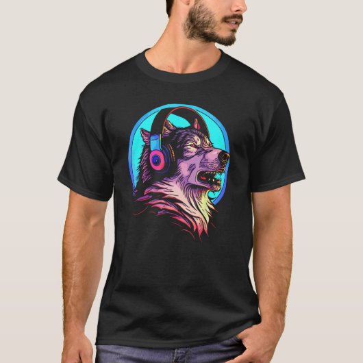 Howling Wolf 80's Werewolf met hoofdtelefoon Retro T-shirt (Voorkant)