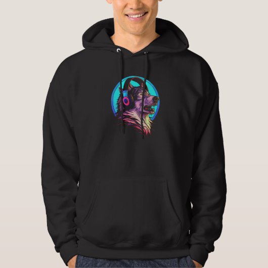 Howling Wolf 80s Werewolf With Headphones Retro Mu Hoodie (Voorkant)