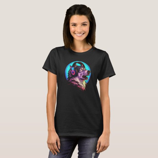 Howling Wolf 80s Werewolf With Headphones Retro Mu T-shirt (Voorkant volledig)
