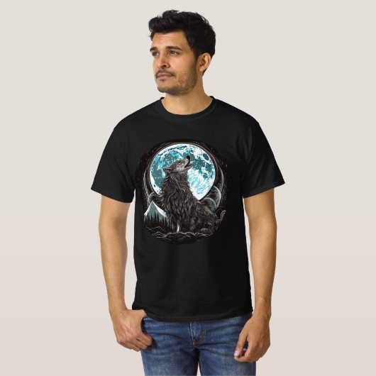 Howling Wolf and Blue Full Moon T-shirt (Voorkant volledig)