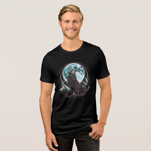 Howling Wolf and Blue Full Moon Tri-Blend Shirt (Voorkant volledig)