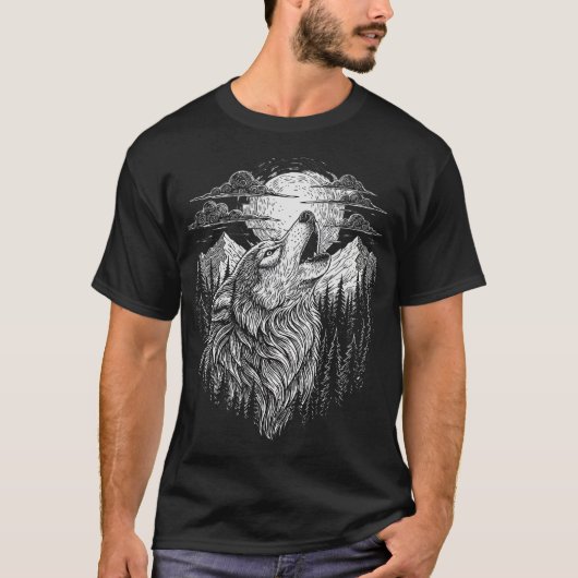 Howling Wolf and Moon Line Art T-Shirt (Voorkant)