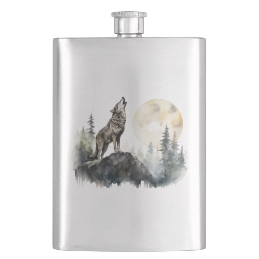 Howling Wolf Art op roestvrij stalen kolf Flacon (Voorkant)