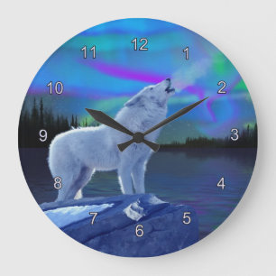 Howling Wolf & Aurora Wildlife Art Clock Grote Klok