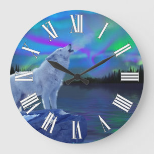 Howling Wolf & Aurora Wildlife Art Clock Grote Klok
