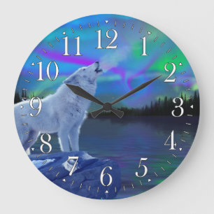 Howling Wolf & Aurora Wildlife Art Clock Grote Klok