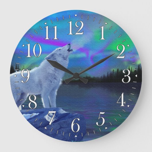 Howling Wolf & Aurora Wildlife Art Clock Grote Klok (Voorkant)