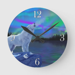 Howling Wolf & Aurora Wildlife Art Clock Ronde Klok