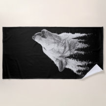 Howling Wolf Beach Towel – Black and White Forest 