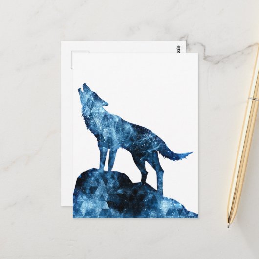 Howling Wolf blue sparkly rooksilhouet Briefkaart (Voorkant / Achterkant in situ)