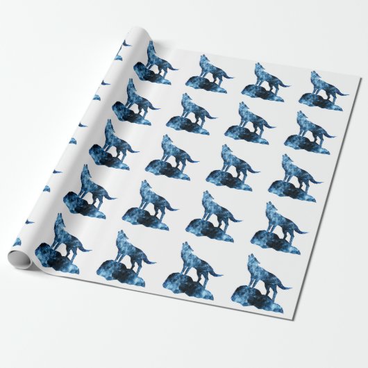 Howling Wolf blue sparkly rooksilhouet Cadeaupapier (Uitgerold)