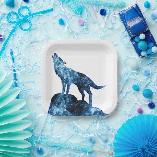 Howling Wolf blue sparkly rooksilhouet Papieren Bordje (Feest)