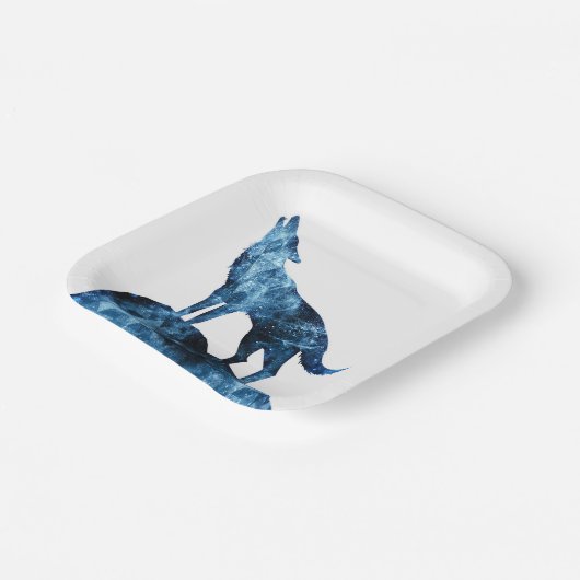 Howling Wolf blue sparkly rooksilhouet Papieren Bordje (Gebogen)