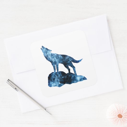 Howling Wolf blue sparkly rooksilhouet Vierkante Sticker (Envelop)