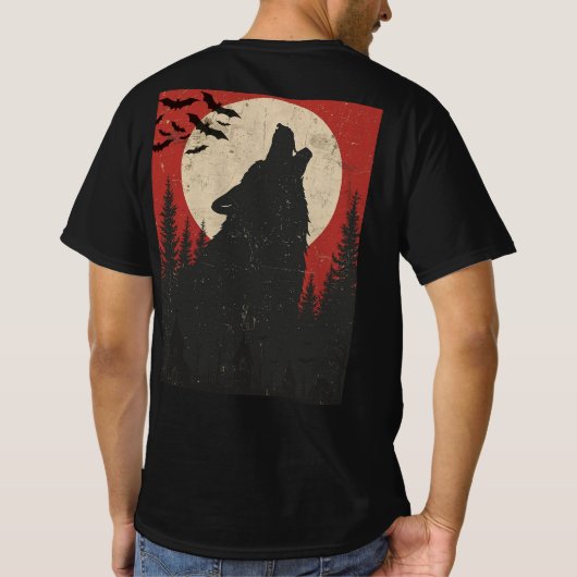 Howling Wolf Full Moon Retro Horror Print T-shirt (Achterkant)