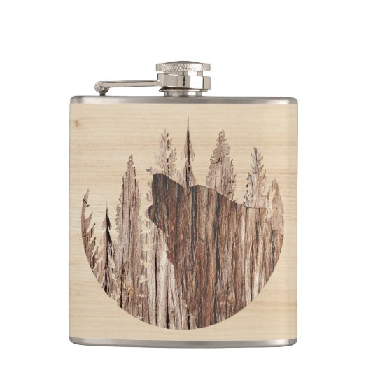 Howling Wolf in getextureerd hout Heupfles (Voorkant)