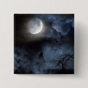 Howling Wolf in Graveyard Vierkante Button 5,1 Cm