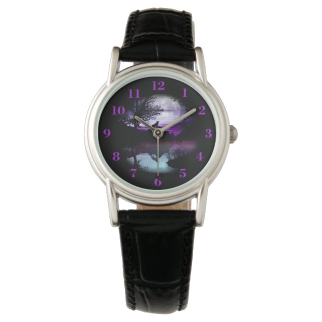 Howling Wolf Paars Grey Sky Water Scene Horloge (Voorkant)