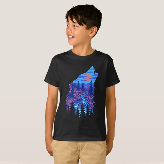 Howling Wolf Silhouette Forest Landscape T-shirt (Voorkant volledig)