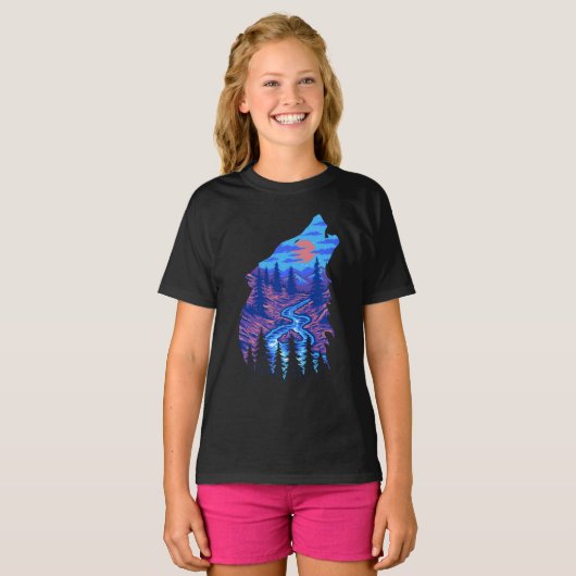 Howling Wolf Silhouette Forest Landscape T-shirt (Voorkant volledig)