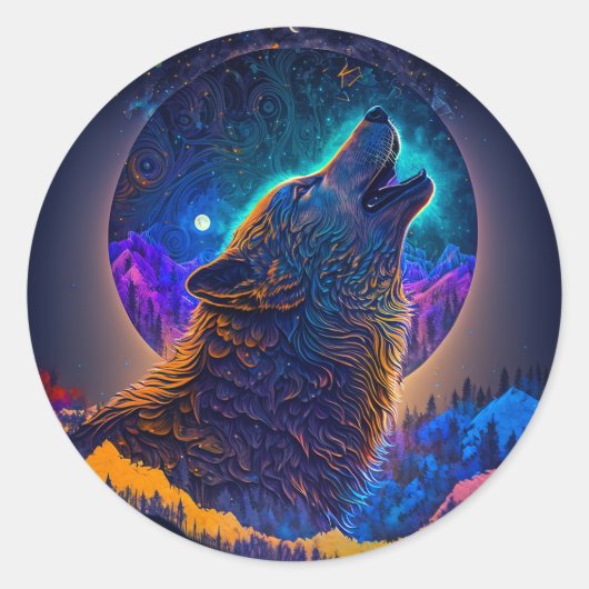 Howling Wolf Surreal Fantasy Ronde Sticker (Voorkant)